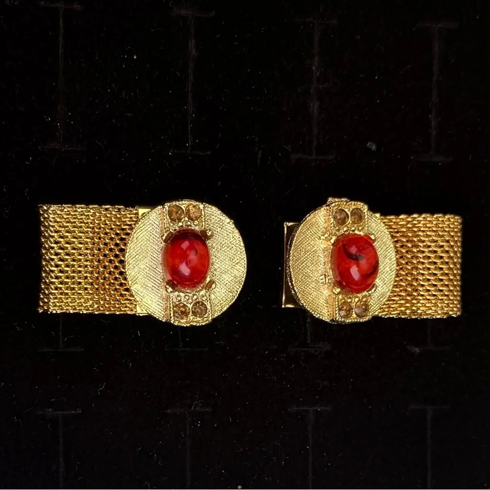 Vintage Goldtone and Red Mesh Mid Century Cuff Links